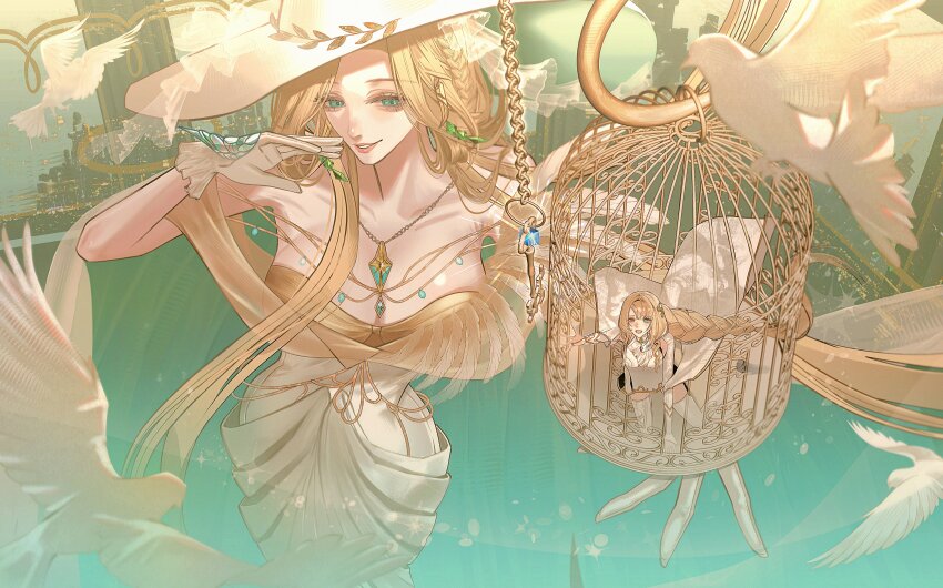 2girls, absurdres, arm_up, bird, birdcage, blonde_hair, breasts, cage