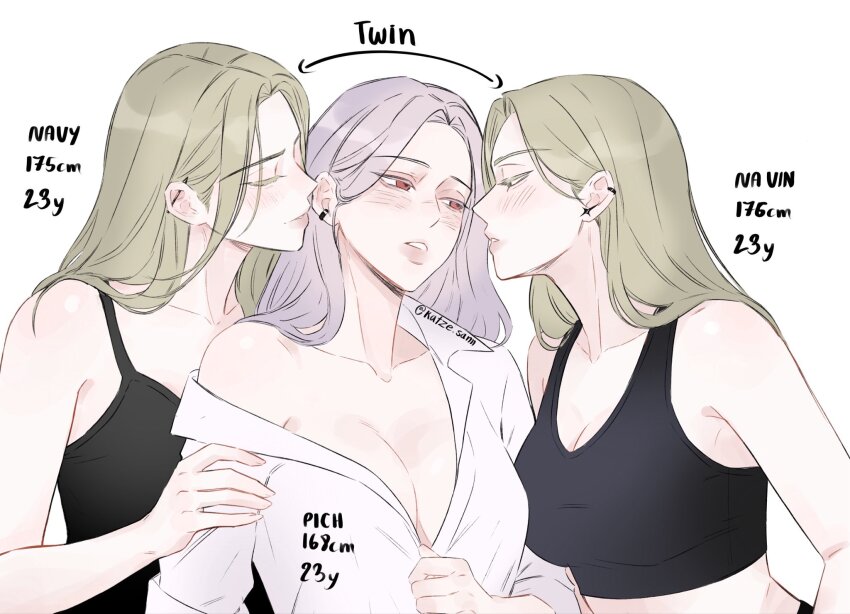 2girls, black_camisole, black_sports_bra, blonde_hair, breasts, camisole, character_name, cleavage, closed_eyes, closed_mouth, commentary, earrings, english_commentary, girl_sandwich, highres, jewelry, large_breasts, long_hair, multiple_girls, original, parted_lips, purple_hair, red_eyes, reo_hoo, sandwiched, shimaidon_(sex), shirt, siblings, sisters, sports_bra, twins, twitter_username, white_shirt, yuri