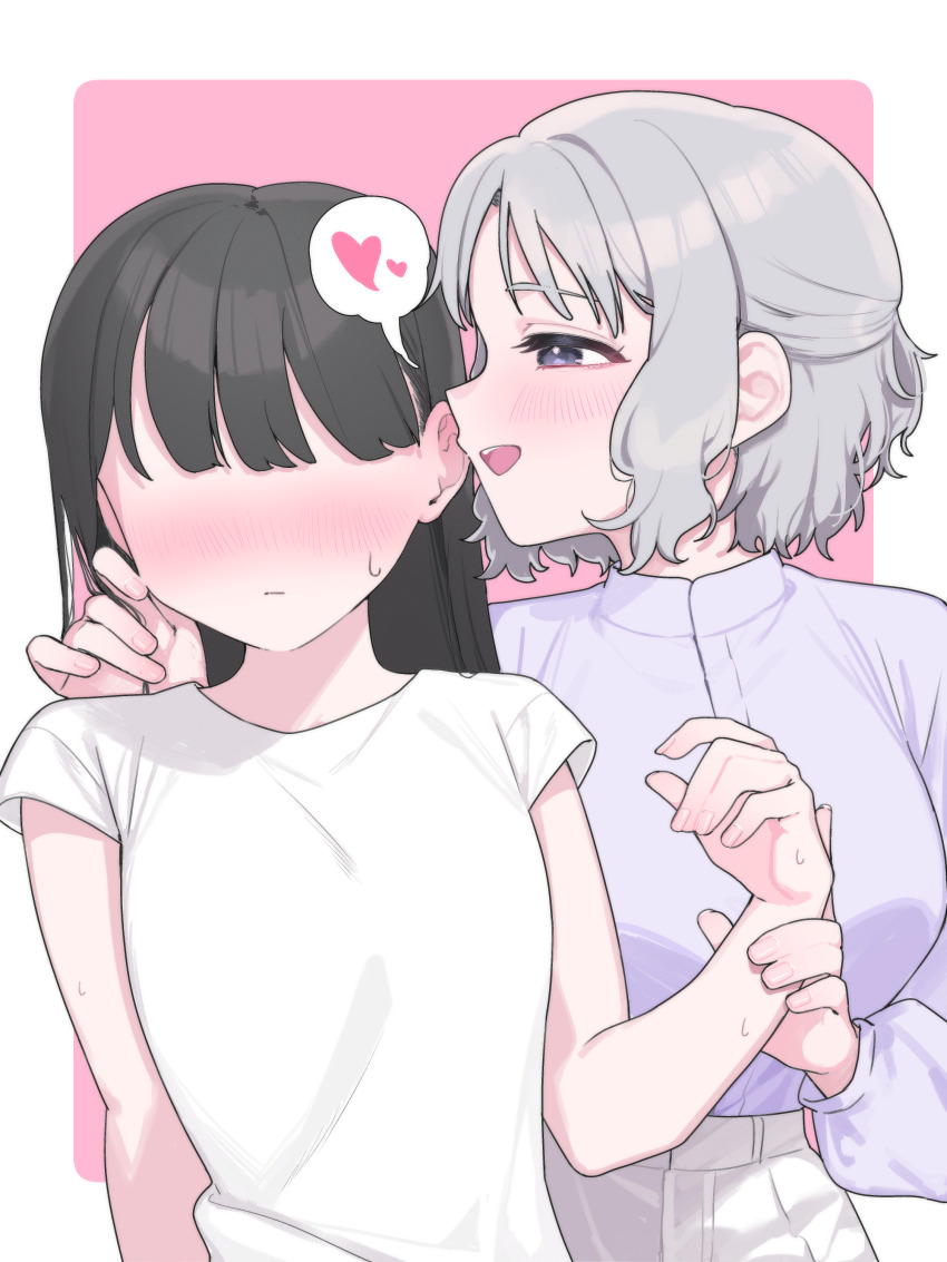 2girls, absurdres, black_hair, blush, border, closed_mouth, commentary_request, faceless, faceless_female, grey_eyes, grey_hair, half_updo, heart, highres, holding_another's_wrist, housaninsanity, long_hair, multiple_girls, open_mouth, original, pink_background, purple_shirt, shirt, smile, spoken_heart, sweat, whispering_in_ear, white_border, white_shirt, yuri