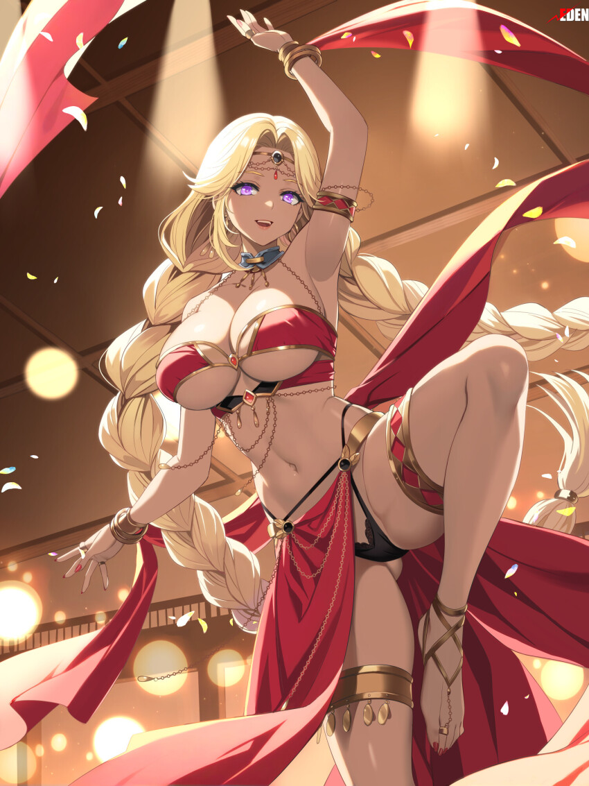 1girl, anklet, arm_up, armlet, bagna_cauda_(root_eden), barefoot, black_panties, blonde_hair, bracelet, braid, breasts, chain, circlet, copyright_name, ena_(tommy_walker), highres, jewelry, large_breasts, long_hair, looking_at_viewer, navel, panties, purple_eyes, red_nails, ring, root_eden, solo, standing, standing_on_one_leg, thigh_strap, twin_braids, underwear