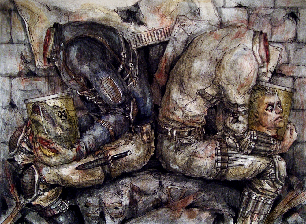 2boys, blood, caiman_(dorohedoro), dorohedoro, headless, jar, kit-sha, knife, male_focus, multiple_boys, risu_(dorohedoro), severed_head, tattoo, traditional_media