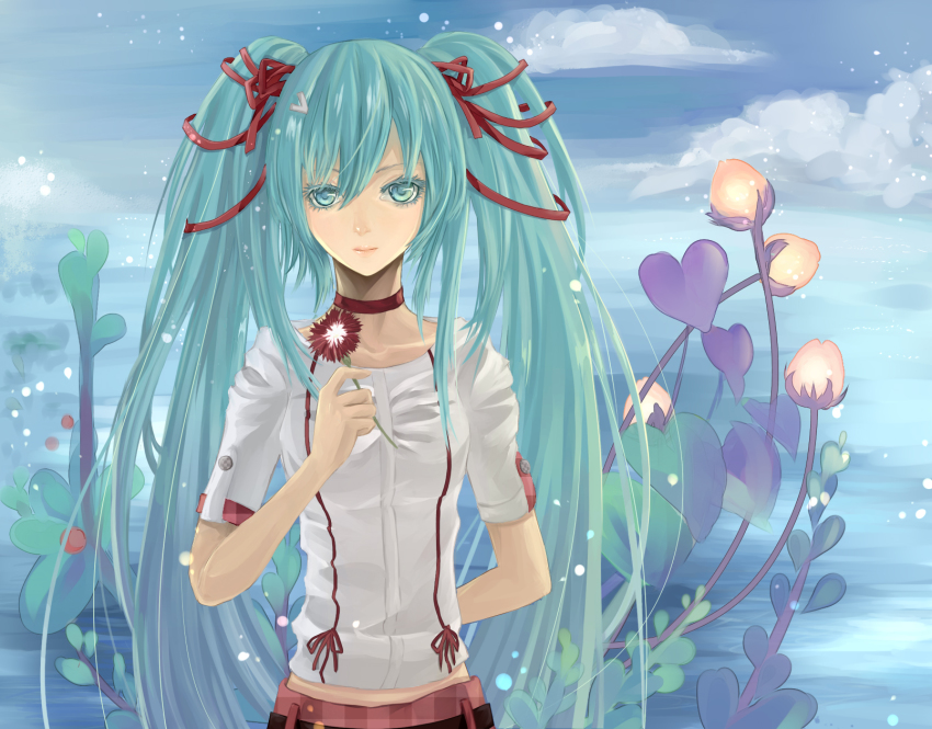 1girl, aqua_eyes, aqua_hair, arm_behind_back, bad_id, bad_pixiv_id, choker, cloud