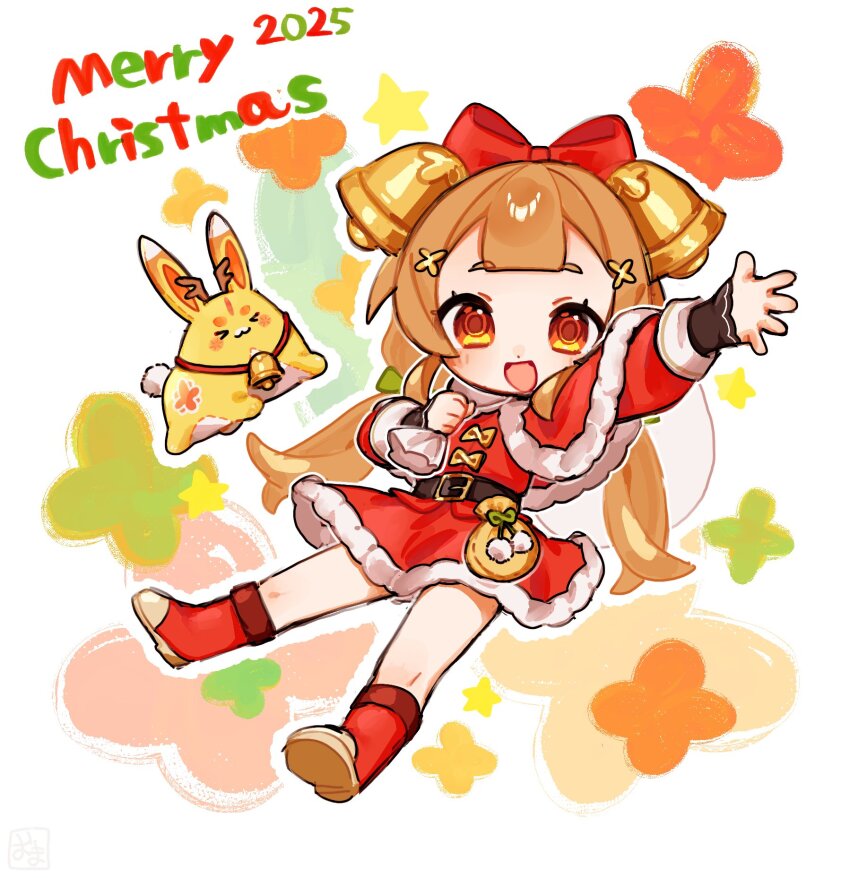 >_<, 1girl, 2025, :d, alternate_hairstyle, antlers, arm_up, bell