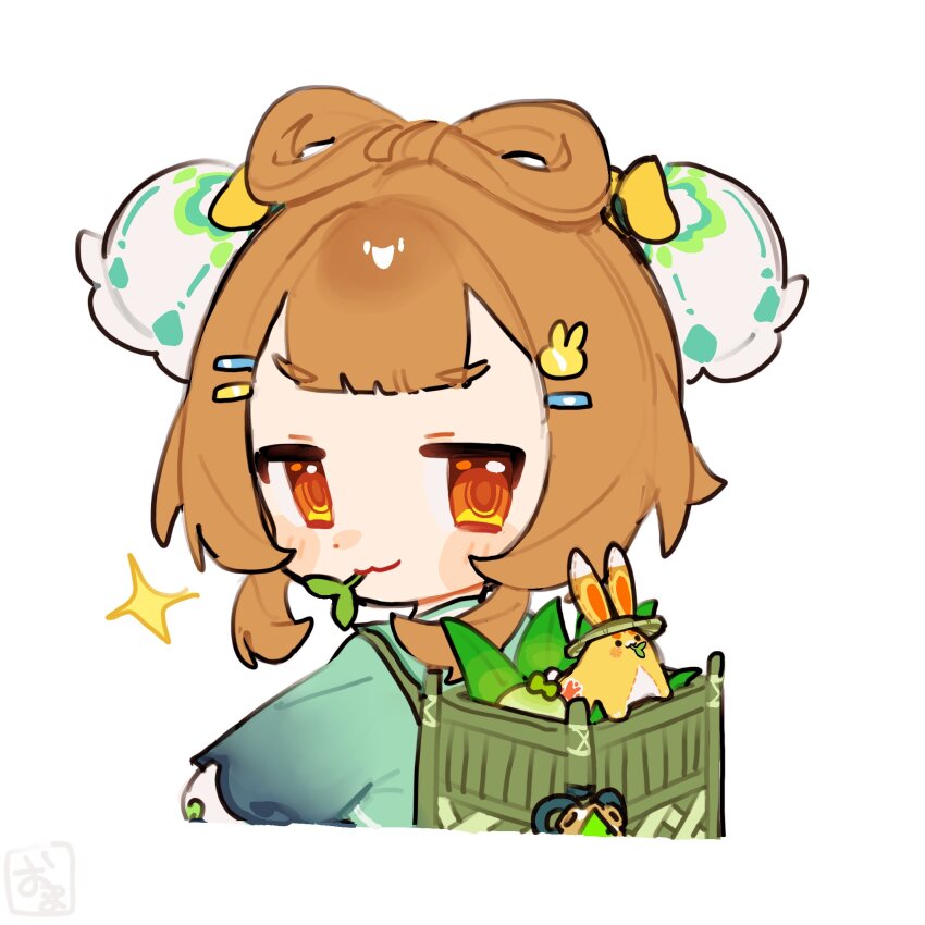 1girl, :3, aqua_dress, backpack_basket, blunt_bangs, blush, bow-shaped_hair, brown_eyes