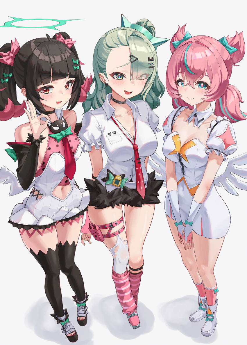 3girls, absurdres, angels_of_delusion, aqua_streaks, aria_(zenless_zone_zero), arm_warmers, bandaid, bandaid_hair_ornament