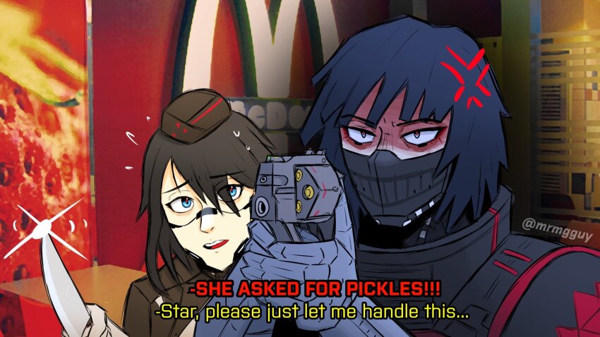 2girls, aiming, anger_vein, angry, black_hair, blue_eyes, bullet, commentary, english_commentary, english_text, eule_(signalis), excuse_me_he_asked_for_no_pickles_(meme), finger_on_trigger, grey_hair, gun, handgun, highres, holding, holding_gun, holding_knife, holding_weapon, kitchen_knife, knife, mask, mcdonald's, meme, mgguy, mouth_mask, multiple_girls, nervous_sweating, product_placement, revolver, robot_girl, short_hair, signalis, snubnosed_revolver, star_(signalis), subtitled, sweat, twitter_username, weapon