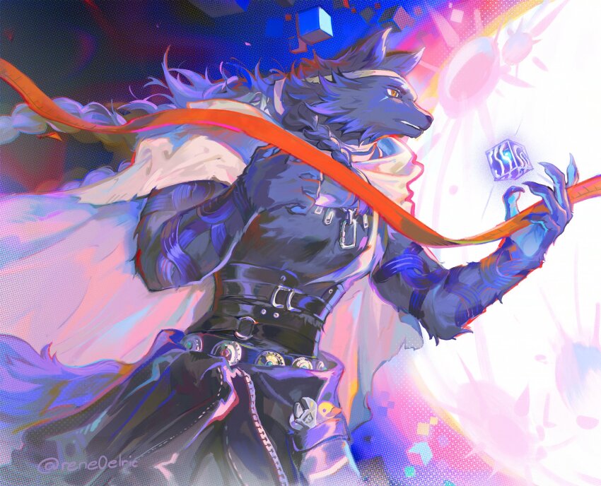 1boy, abisi_(xinyue_tongxing), adjustable_wrench, animal_ears, artist_name, braid, cape, carabiner, claws, commentary_request, from_side, furry, furry_male, highres, looking_to_the_side, male_focus, red_ribbon, reneelric, ribbon, rubber_duck, tail, white_cape, wolf_boy, wolf_ears, wolf_tail, wrench, xinyue_tongxing