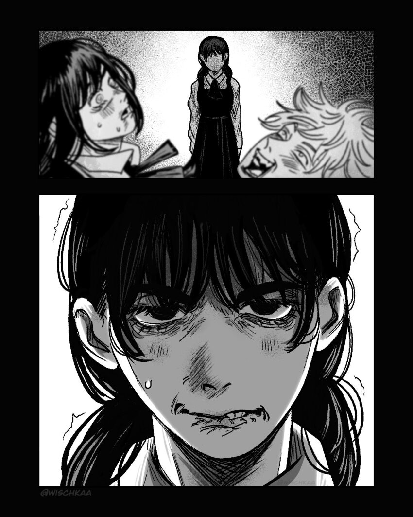 1boy, 2girls, angry, blush, chainsaw_man, denji_(chainsaw_man), highres, jealous