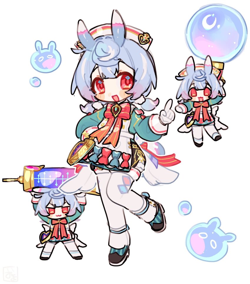 1girl, :d, apron, aqua_bow, aqua_shirt, arm_up, arms_up, black_shoes