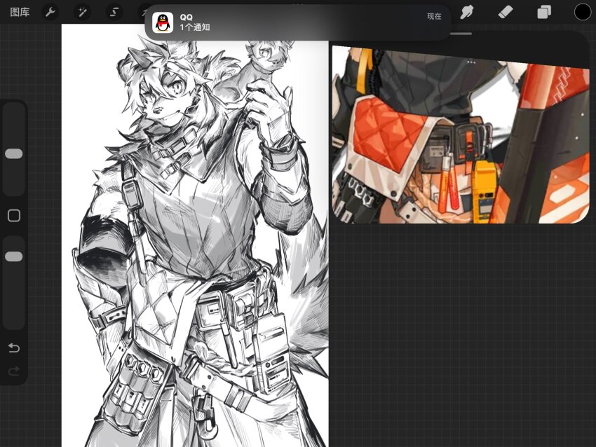 1boy, aak_(arknights), animal, animal_on_shoulder, animalization, arknights, art_program_in_frame, art_program_request, cat, closed_mouth, commentary, furry, furry_male, greyscale, hero_leo_o, highres, horns, hung_(arknights), komainu_boy, komainu_ears, komainu_tail, looking_at_viewer, male_focus, monochrome, reference_inset, screencap, single_horn, smile, unfinished