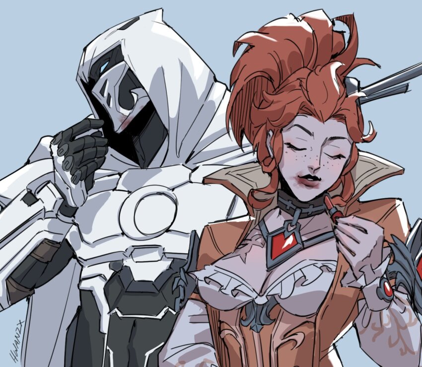 1boy, 1girl, bodysuit, cape, commentary, elsa_bloodstone, highres, hood