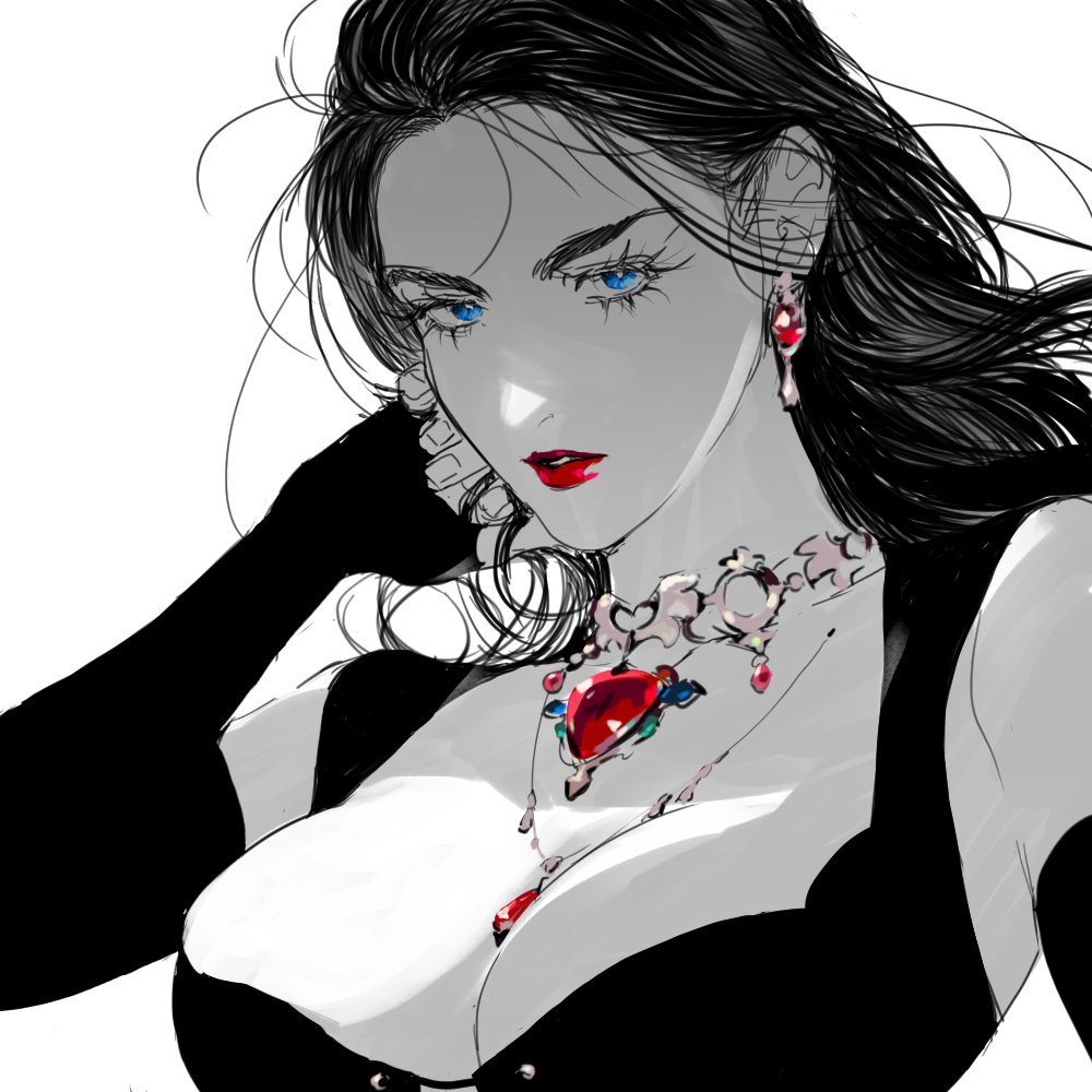 battle_tendency, black_hair, blue_eyes, breasts, cleavage_cutout, clothing_cutout, commentary, dress, earrings, huge_breasts, jewelry, jojo_no_kimyou_na_bouken, large_breasts, lipstick, lisa_lisa, makeup, mature_female, moonnacorn