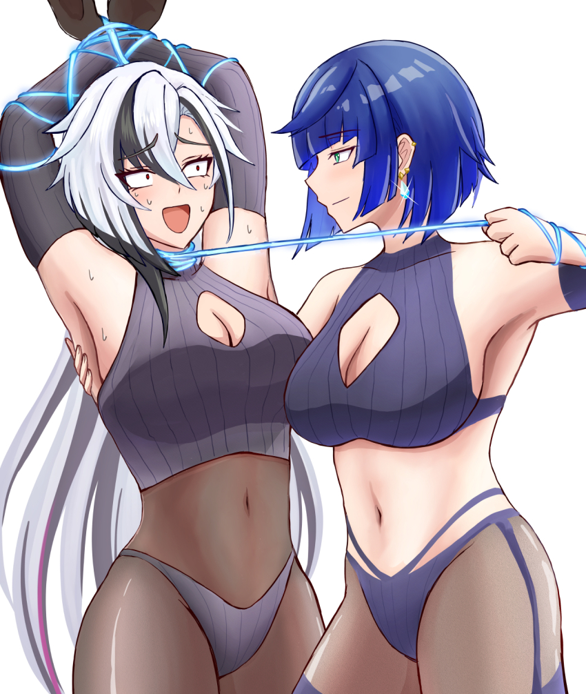 2girls, arlecchino_(genshin_impact), arm_around_another's_back, armpits, arms_up, bdsm, black_hair, blue_hair, bondage, bound, bound_arms, bound_wrists, breasts, cleavage, cleavage_cutout, closed_mouth, clothing_cutout, commentary_request, constricted_pupils, cowboy_shot, crop_top, detached_sleeves, earrings, face-to-face, femdom, genshin_impact, green_eyes, grey_hair, hair_between_eyes, hand_on_another's_back, high-waist_pantyhose, highres, jewelry, large_breasts, light_blush, light_smile, long_hair, looking_at_another, miyabidai, multicolored_hair, multiple_girls, navel, nervous_smile, nervous_sweating, open_mouth, pantyhose, purple_hair, raised_inner_eyebrows, red_eyes, rope, short_hair, smile, stomach, sweat, very_long_hair, yelan_(genshin_impact), yuri
