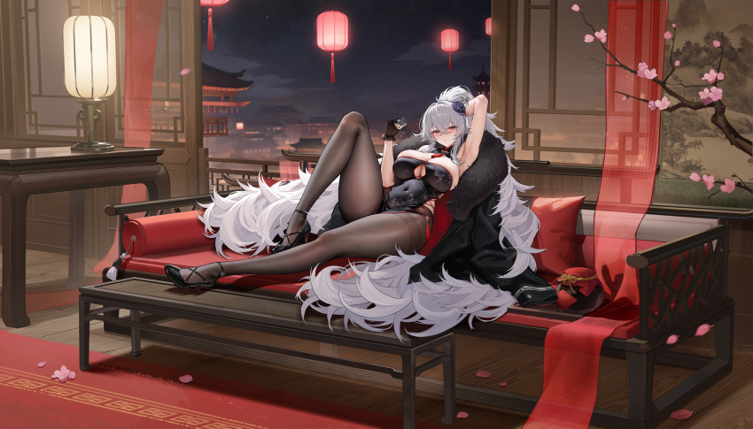 1girl, absurdres, architecture, armpits, arms_behind_head, artist_request, azur_lane, black_pantyhose, black_shoes, blush, breasts, china_dress, chinese_clothes, cleavage, closed_mouth, couch, covered_navel, crossed_bangs, dress, east_asian_architecture, graf_zeppelin_(azur_lane), graf_zeppelin_(intoxicating_crimson)_(azur_lane), grey_hair, highres, indoors, knee_up, long_hair, messy_hair, night, non-web_source, official_alternate_costume, official_art, pantyhose, parted_lips, red_eyes, shoes, sitting, smile, solo, very_long_hair
