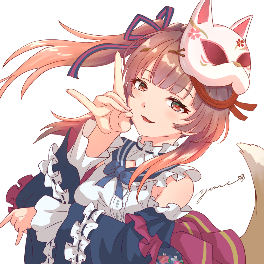 1girl, :d, arm_under_breasts, bare_shoulders, blue_bow, blue_bowtie, blunt_bangs, blush, bow, bowtie, braid, brown_hair, commentary, crown_braid, detached_sleeves, double_fox_shadow_puppet, dutch_angle, eyelashes, fox_girl, fox_mask, fox_shadow_puppet, fox_tail, frilled_sleeves, frills, hair_ribbon, hand_up, heaven_burns_red, highres, japanese_clothes, kiryuu_miya, kiryuu_miya_(vulpine_mystique), lolita_fashion, long_hair, long_sleeves, looking_at_viewer, mask, mask_on_head, mole, mole_under_eye, official_alternate_costume, official_alternate_hairstyle, open_mouth, red_eyes, ribbon, shirt, side_ponytail, sidelocks, signature, simple_background, sleeveless, sleeveless_shirt, smile, solo, tail, upper_body, wa_lolita, white_background, white_shirt, wide_sleeves, yumeclo