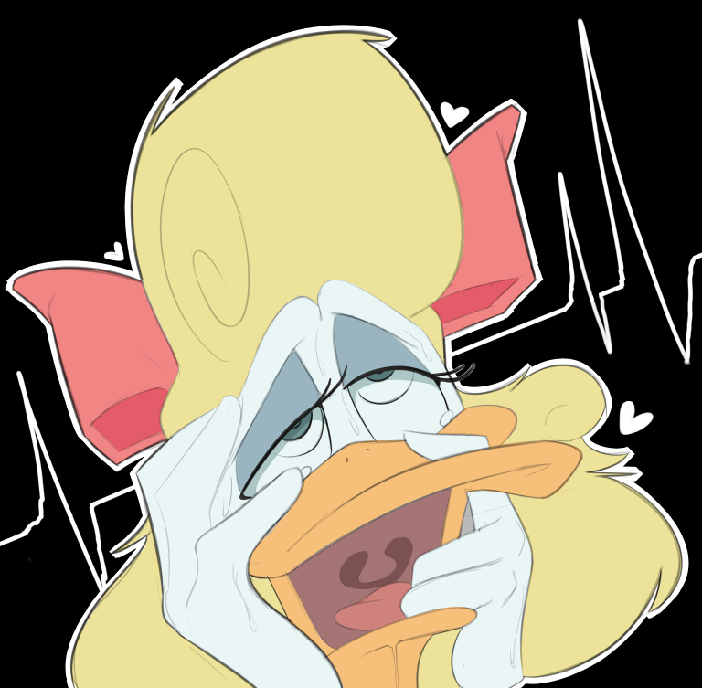 ahegao, black_background, blonde_hair, character_request, close-up, duck_girl, eye_mask, feathers, hands_on_own_face, heart, long_hair, makeup, mask, open_mouth, pink_ribbon, ribbon, rolling_eyes, saliva, saliva_trail, sarantics, shirley_mcloon_(tiny_toon_adventures), tiny_toon_adventures, tongue, white_feathers