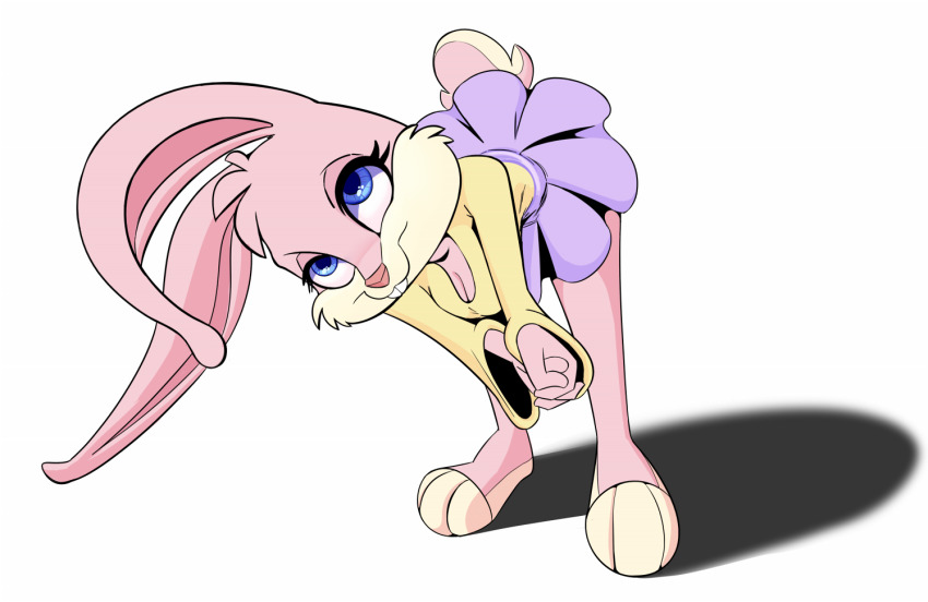 1girl, animal_ears, animal_nose, babs_bunny, bent_over, blue_eyes, breasts, bright_pupils, cleavage, closed_mouth, eyelashes, full_body, large_breasts, leaning_forward, looking_at_viewer, looking_to_the_side, miniskirt, pink_fur, purple_skirt, rabbit_ears, rabbit_girl, rabbit_tail, sarantics, simple_background, skirt, smile, solo, standing, sweater, tail, teeth, tiny_toon_adventures, upper_teeth_only, white_background, yellow_sweater
