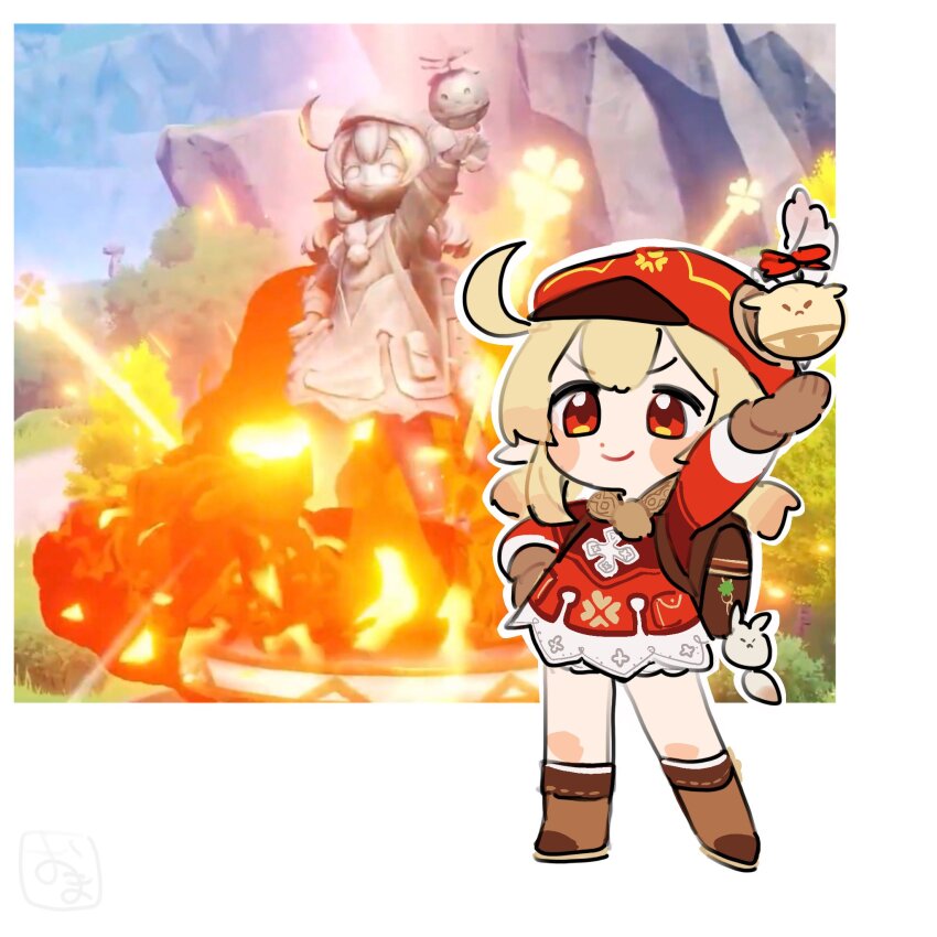 1girl, ahoge, arm_up, backpack, bag, bag_charm, blonde_hair, bloomers