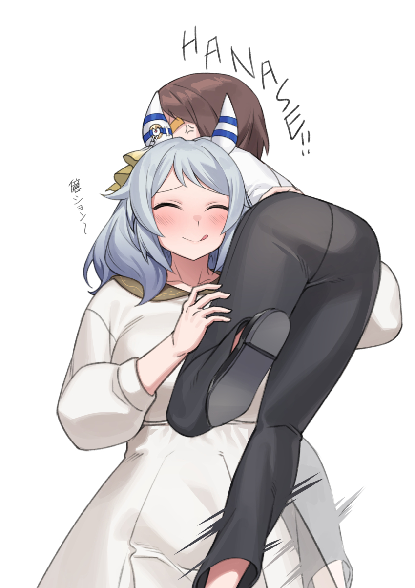 1boy, 1girl, ^_^, absurdres, afterimage, anger_vein, black_pants, blush, brown_hair, carrying, carrying_over_shoulder, carrying_person, closed_eyes, closed_mouth, commentary_request, dress, fukuro_(maruaru00), grey_hair, height_difference, highres, hishi_miracle_(casual)_(umamusume), hishi_miracle_(umamusume), long_hair, long_sleeves, motor_vehicle, pants, purple_shoes, raised_inner_eyebrows, shirt, shoes, short_hair, smile, struggling, t-head_trainer_(umamusume), tongue, tongue_out, trainer_(umamusume), translation_request, umamusume, v-shaped_eyebrows, white_shirt