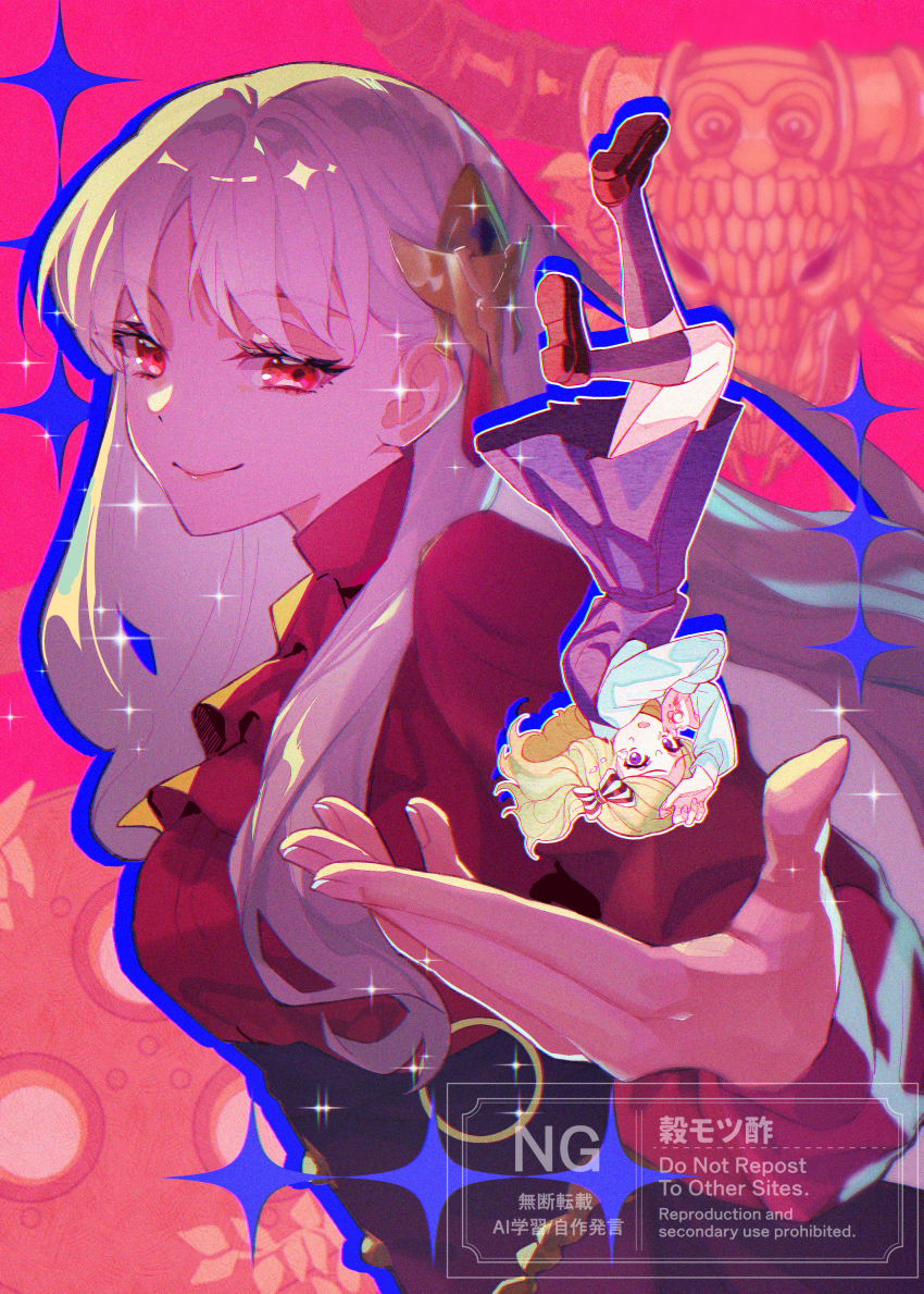 2girls, absurdres, blonde_hair, bow, closed_mouth, commentary_request, fate/strange_fake, fate_(series)