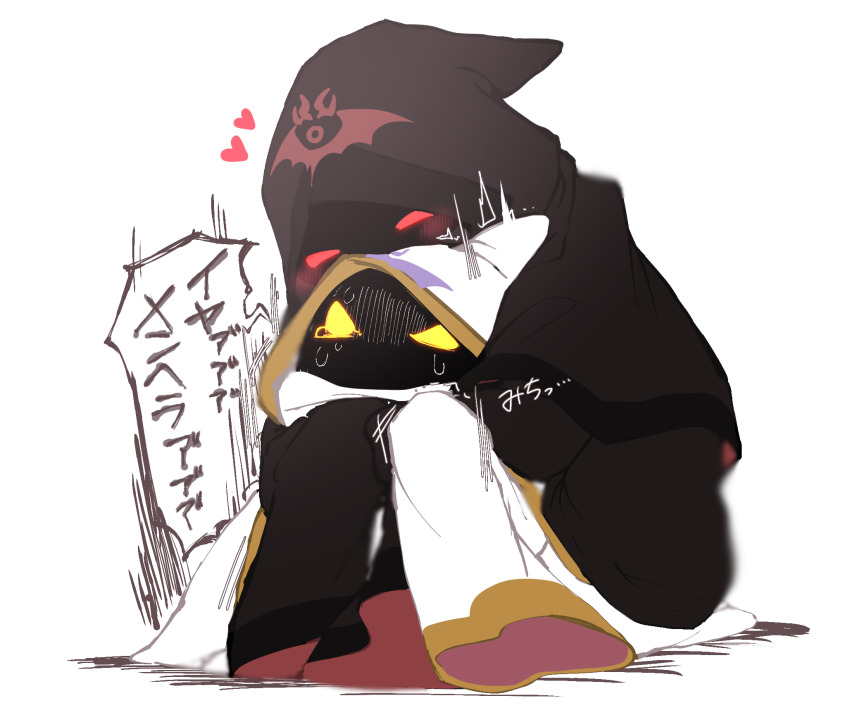 1boy, cloak, commentary_request, corrupt_hyness, dual_persona, gold_trim, highres, hood, hyness, kirby_(series), kirby_star_allies, long_sleeves, mouth_veil, nintendo, partial_commentary, rayman_limbs, robe, sleeves_past_fingers, sleeves_past_wrists, translation_request, veil, white_hood, white_robe, yellow_eyes, zakobenki