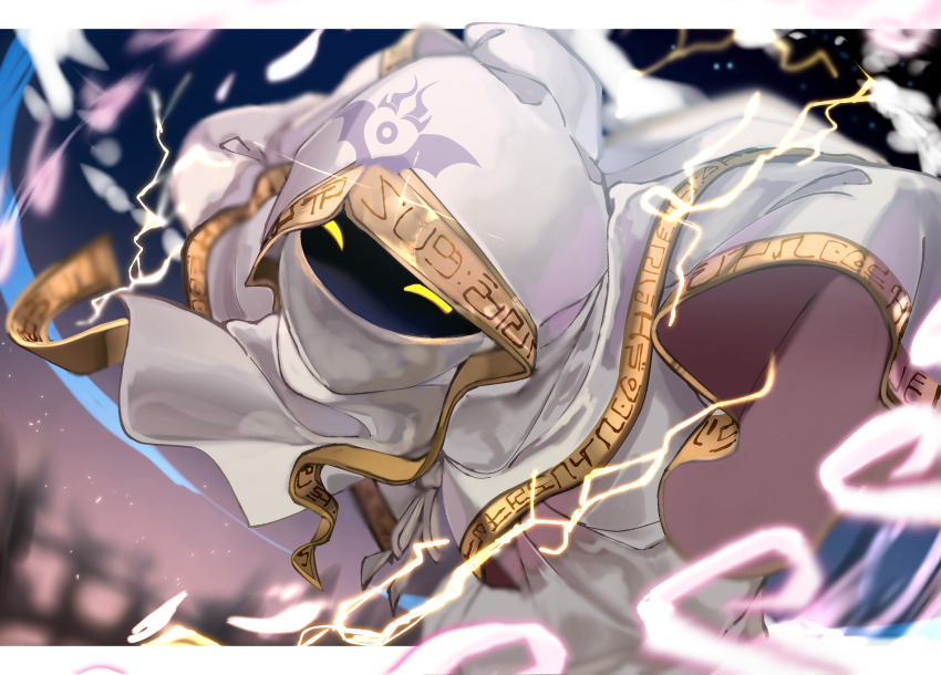 1boy, cloak, commentary_request, glowing, glowing_eyes, gold_trim, highres, hood