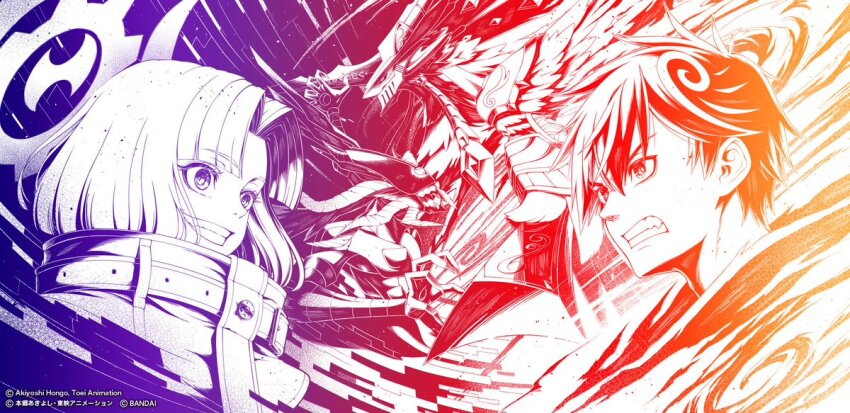 1boy, 1other, battle, clenched_teeth, commentary_request, digimon, digimon_card_game, digimon_liberator, dragon, exmaquinamon, halo, horns, official_art, parted_lips, short_hair, single_horn, smirk, teeth, unchained_(digimon), upper_body, vortexdramon