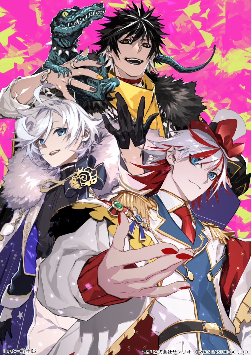 1other, 3boys, :d, ahoge, aiguillette, apple, artist_name, badobarm_(fragaria_memories), belt, black_eyeliner, black_eyes, black_gloves, black_hair, black_nails, black_ribbon, black_shirt, blue_eyes, blue_jacket, bow, bracelet, cape, cielomort_(fragaria_memories), closed_mouth, collar, commentary_request, copyright_notice, crocodile, crocodilian, curly_hair, dark-skinned_male, dark_skin, ear_piercing, earrings, epaulettes, eyeliner, flipped_hair, food, fragaria_memories, fruit, full-length_zipper, fur-trimmed_cape, fur_trim, gloves, gold_trim, hallritt_(fragaria_memories), hand_up, hat, highres, jacket, jewelry, lapels, long_sleeves, makeup, male_focus, medal, mini_hat, mini_top_hat, miwa_shirow, multicolored_hair, multicolored_jacket, multicolored_nails, multiple_boys, multiple_rings, necktie, notched_lapels, official_art, open_mouth, piercing, pink_background, red_bow, red_eyeliner, red_hair, red_jacket, red_nails, red_necktie, red_ribbon, ribbon, ring, scarf, shirt, short_hair, single_earring, sleeve_cuffs, smile, spiked_collar, spiked_hair, spikes, star_(symbol), top_hat, torn_clothes, torn_sleeves, white_hair, white_shirt, yellow_background, yellow_nails, yellow_scarf, zipper