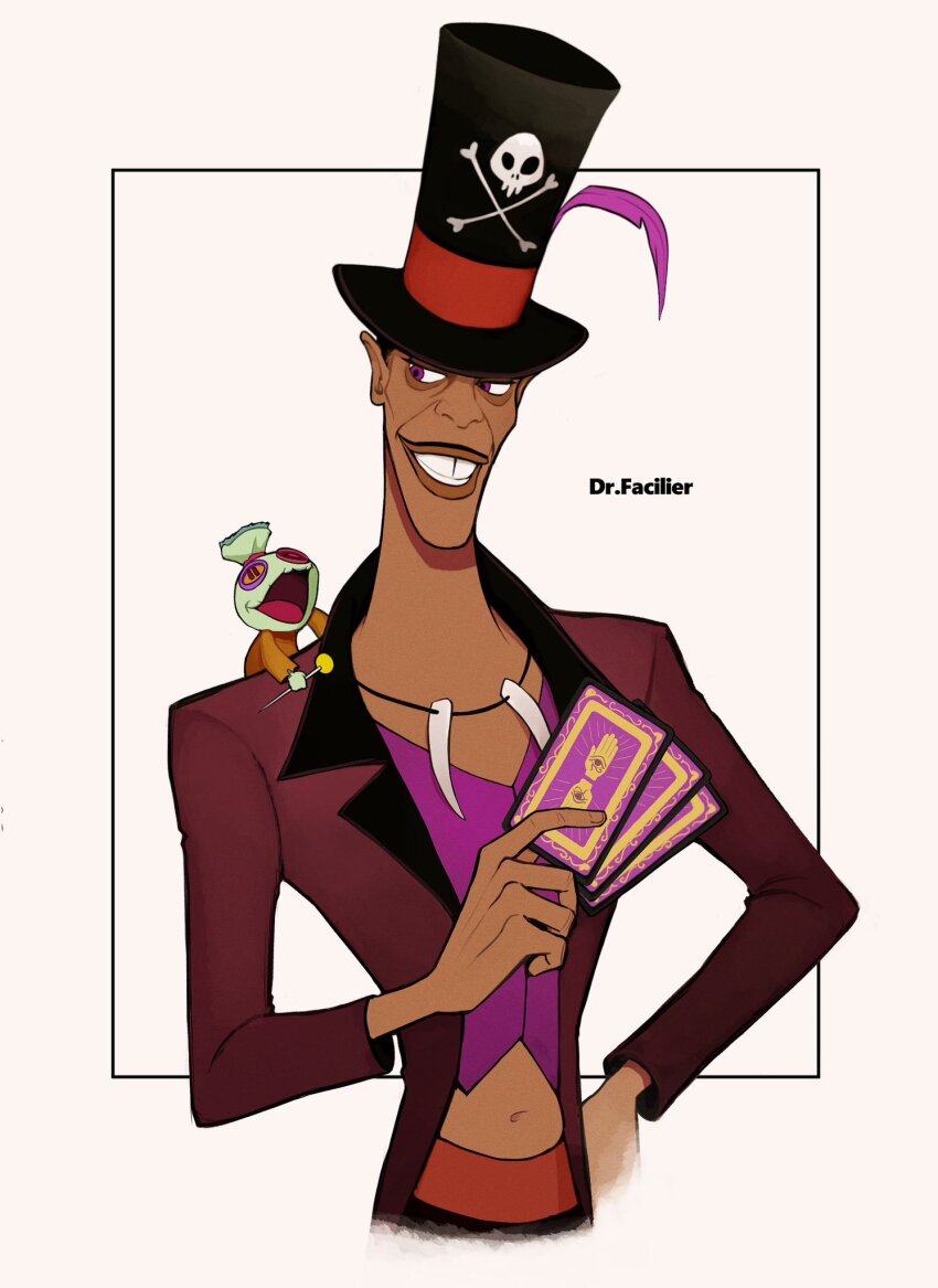 1boy, black_hair, card, card_(medium), commentary_request, dark_skin, doll, dr._facilier