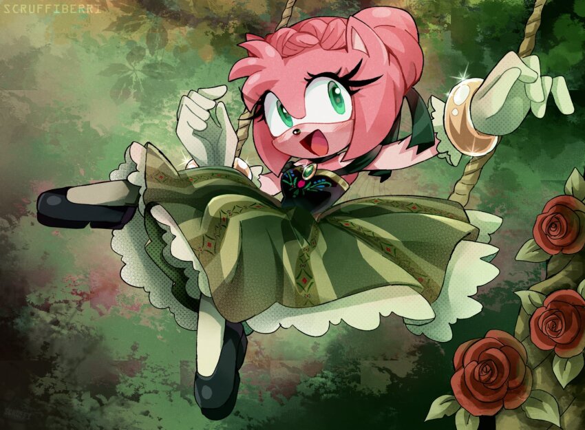 1girl, :d, alternate_hairstyle, amy_rose, anna_(frozen), anna_(frozen)_(cosplay), artist_name, black_shoes