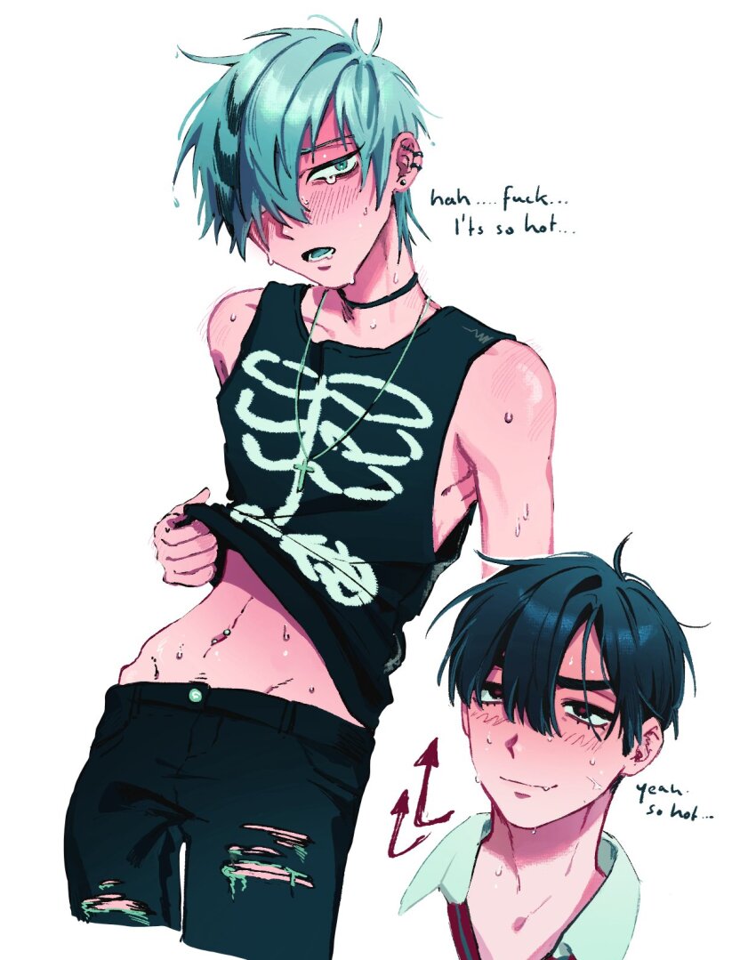 2boys, alien_stage, arrow_(symbol), black_choker, black_hair, black_pants, black_tank_top, choker