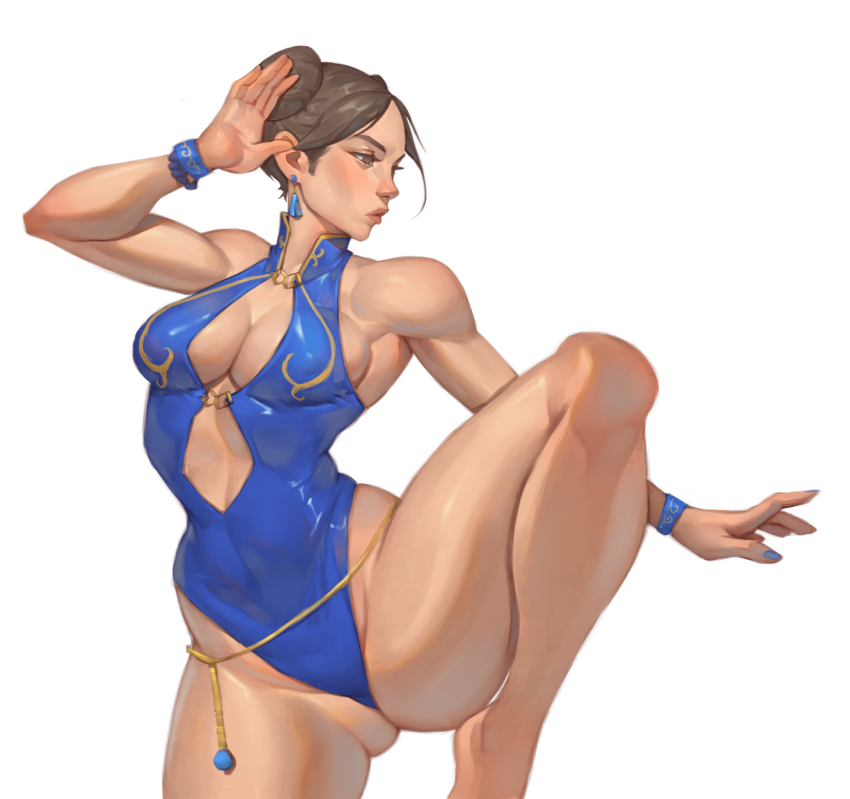 1girl, alternate_costume, ass, bare_legs, belly_chain, blue_one-piece_swimsuit, bracelet, breasts