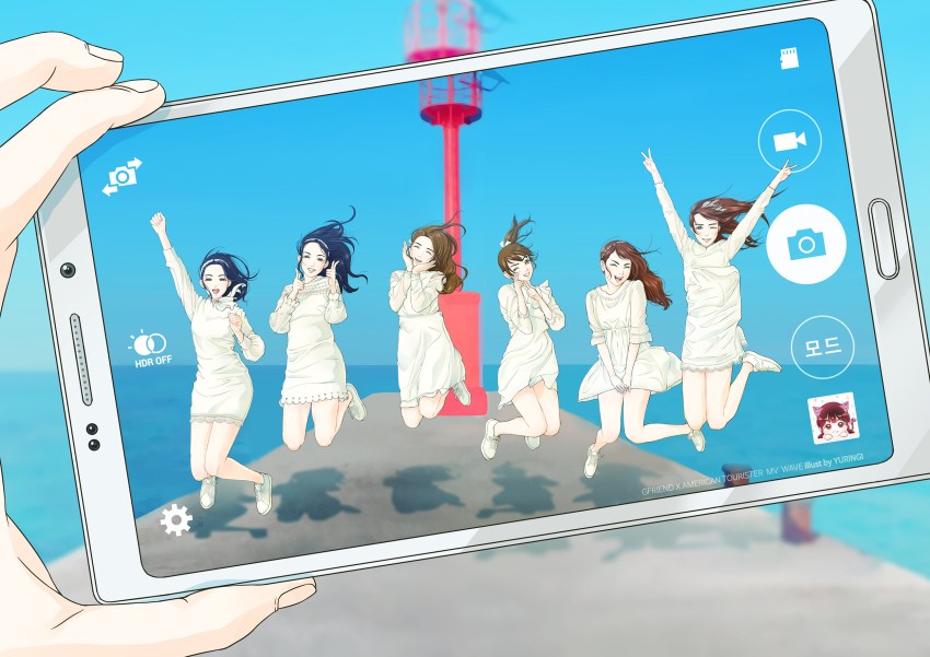 6+girls, arm_up, black_hair, blue_sky, brown_hair, double_v, dress, eunha_(gfriend)