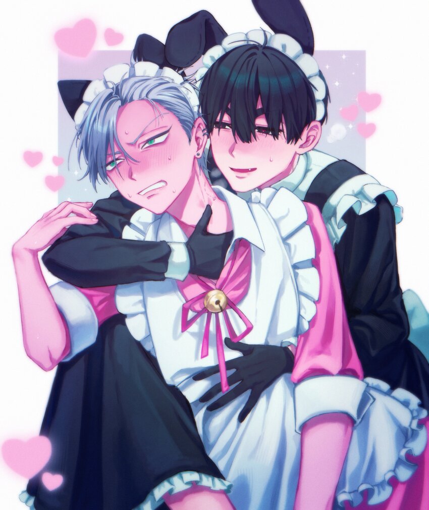 2boys, absurdres, alien_stage, animal_ears, apron, bell, black_dress, black_eyes