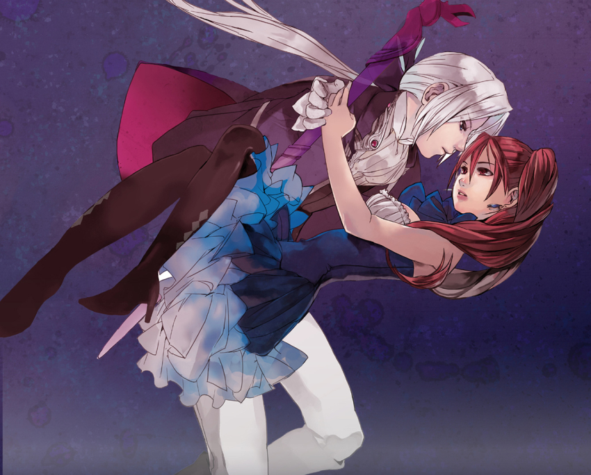 1boy, 1girl, alternate_costume, angelo, argyle_clothes, argyle_legwear, ascot, black_pantyhose, blue_eyes, boots, carrying, couple, dragon_quest, dragon_quest_viii, dress, dutch_angle, eye_contact, formal_clothes, full_body, hetero, jessica_albert, kukuru_(dq8), kukuru_(dragon_quest), long_hair, looking_at_another, pantyhose, ponytail, red_eyes, red_hair, satounu, side_ponytail, square_enix, suit, white_hair