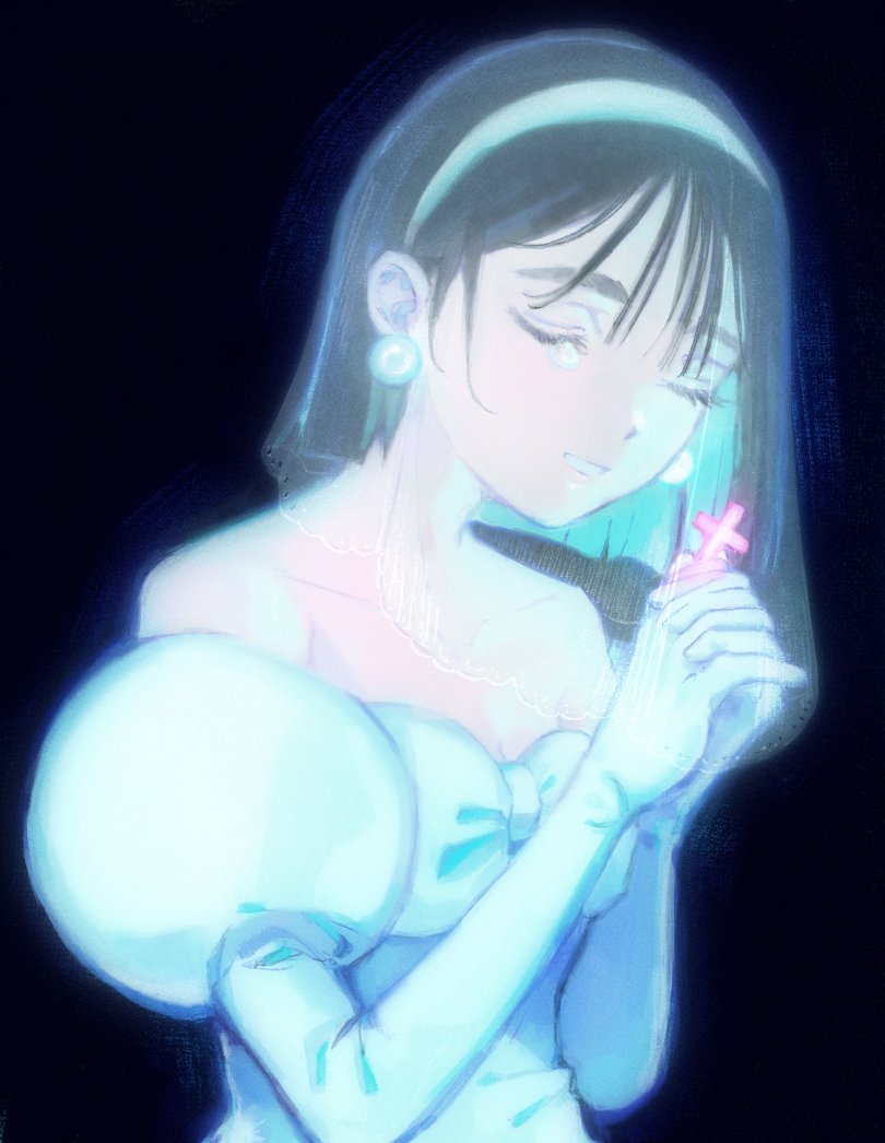 1girl, alien_stage, bare_shoulders, black_background, closed_eyes, commentary, cross, dress