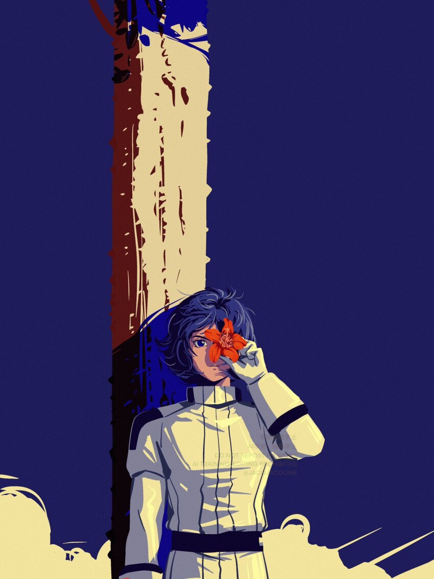 1boy, abstract_background, blue_background, blue_eyes, blue_hair, flower, gundam, highres