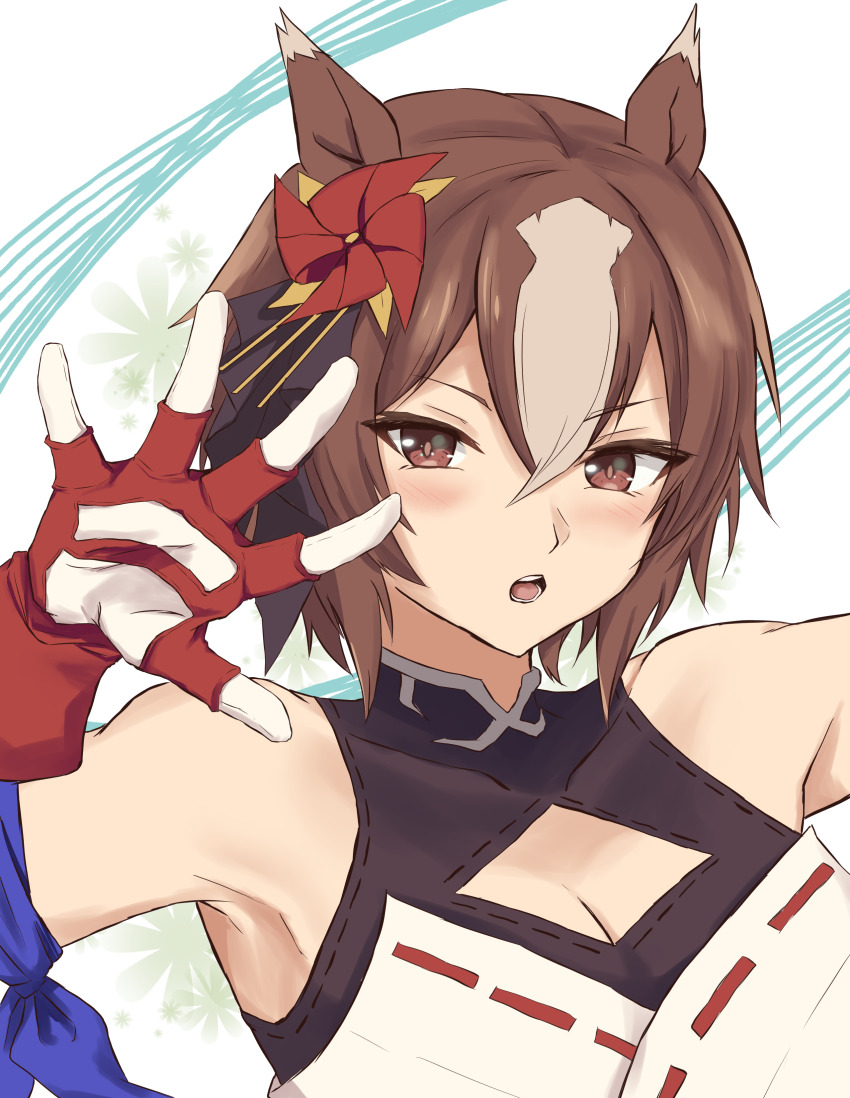 1girl, absurdres, animal_ears, armpits, bare_shoulders, blush, breasts, brown_eyes