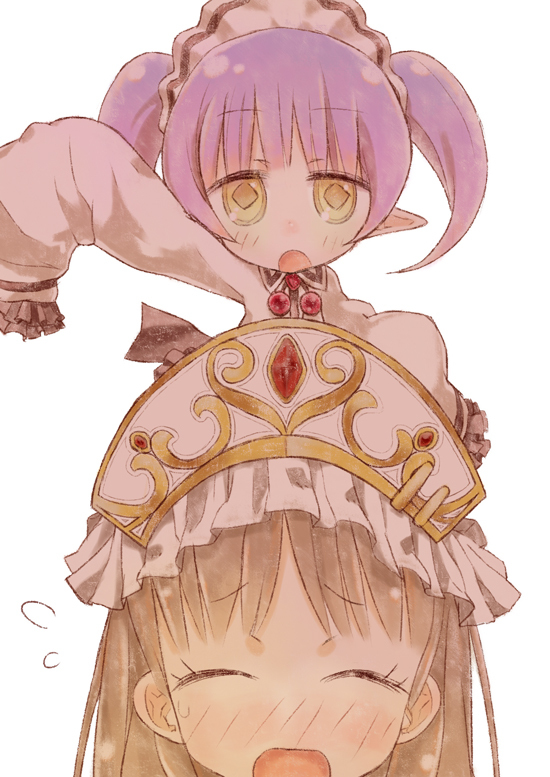 2girls, arm_up, atelier_(series), atelier_totori, blush, brown_hair, chim_(atelier), closed_eyes