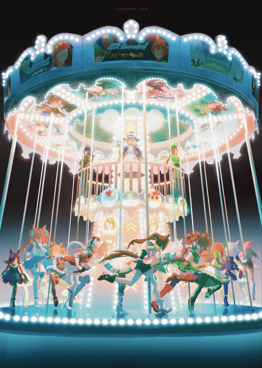 6+girls, ahoge, aiguillette, akikawa_yayoi's_cat, akikawa_yayoi_(umamusume), animal, animal_ears, animal_on_head