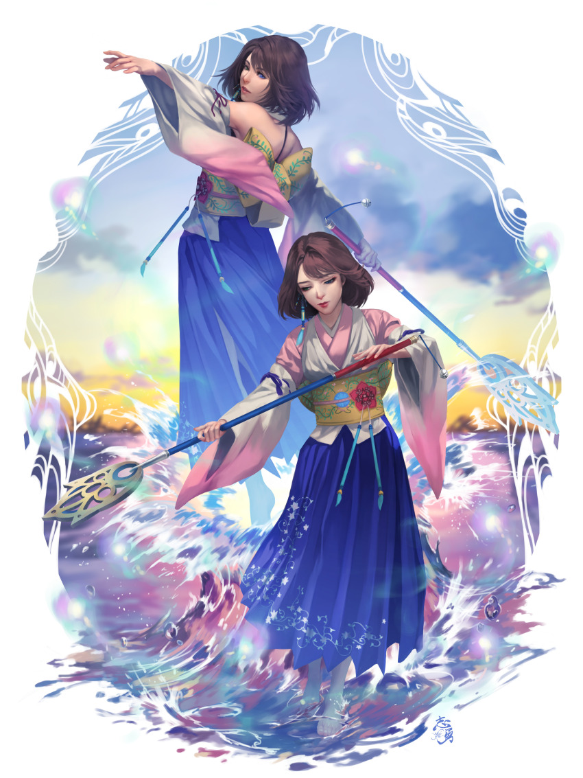 1girl, absurdres, bare_shoulders, brown_hair, detached_sleeves, final_fantasy, final_fantasy_x, full_body