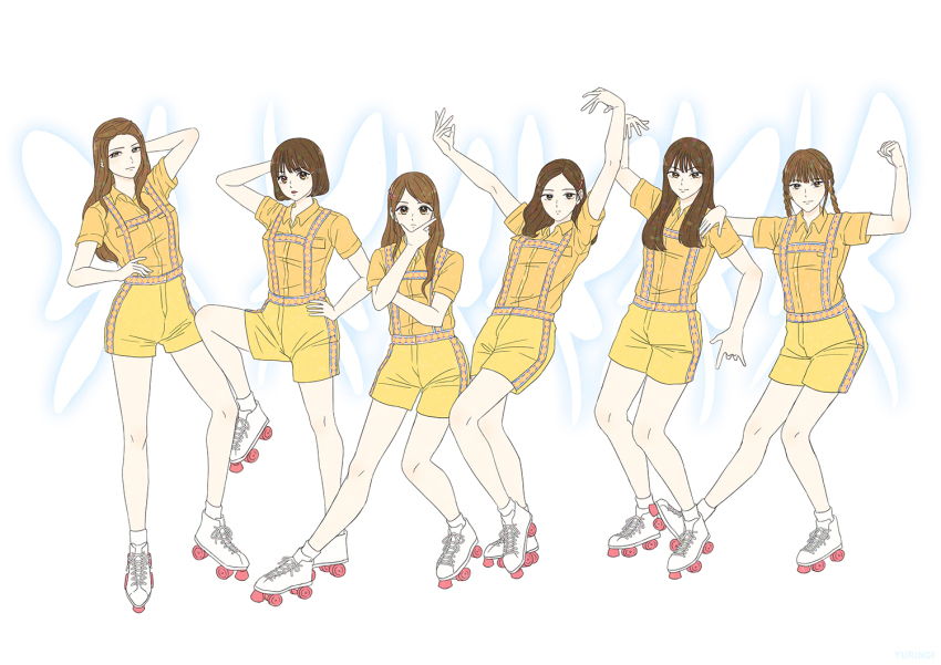 6+girls, blunt_bangs, bob_cut, braid, braided_twintails, brown_hair, eunha_(gfriend), full_body