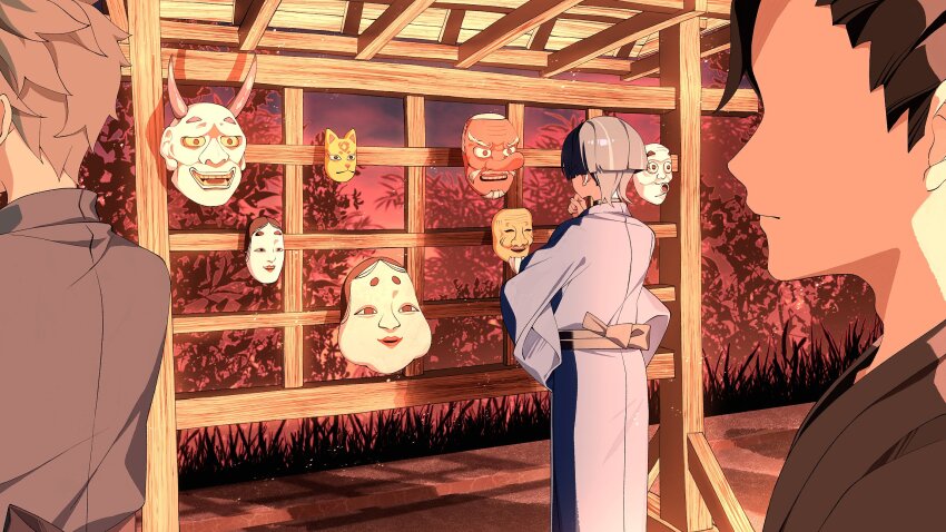 3boys, alternate_costume, black_hair, blunt_ends, brown_sash, cha_hanare, cloud, cloudy_sky