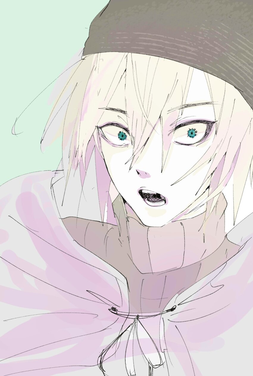 1boy, :o, cloak, green_background, green_eyes, hair_between_eyes, hat, highres