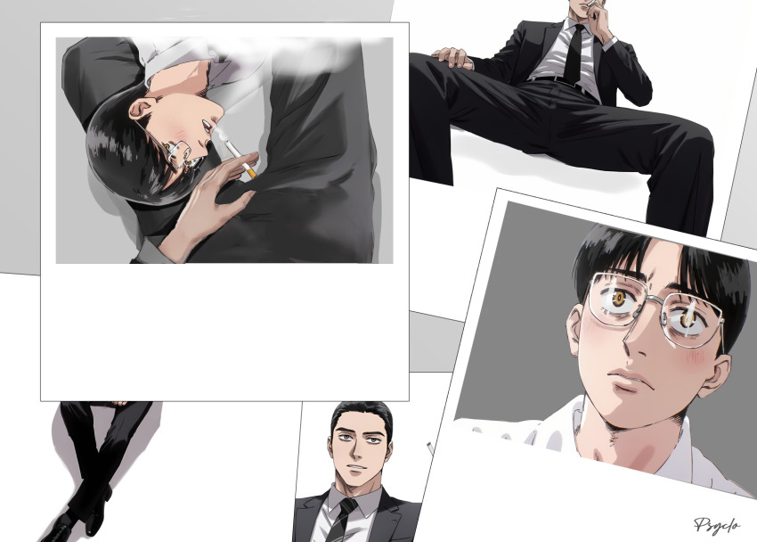 2boys, black_hair, black_necktie, blush, cigarette, closed_mouth, collared_shirt, commentary, derivative_work, english_commentary, famiresu_iko., glasses, highres, holding, holding_cigarette, jacket, karaoke_iko!, long_sleeves, male_focus, multiple_boys, narita_kyouji, necktie, oka_satomi, pants, parted_bangs, photo-referenced, psycloclo, shirt, short_hair, white_shirt, yaoi