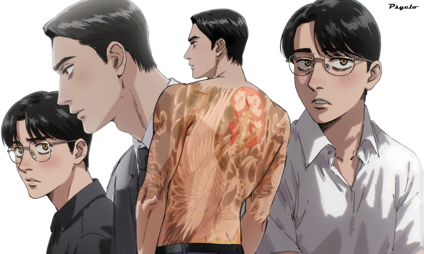 2boys, back_tattoo, black_hair, black_necktie, blush, collared_shirt, famiresu_iko., glasses