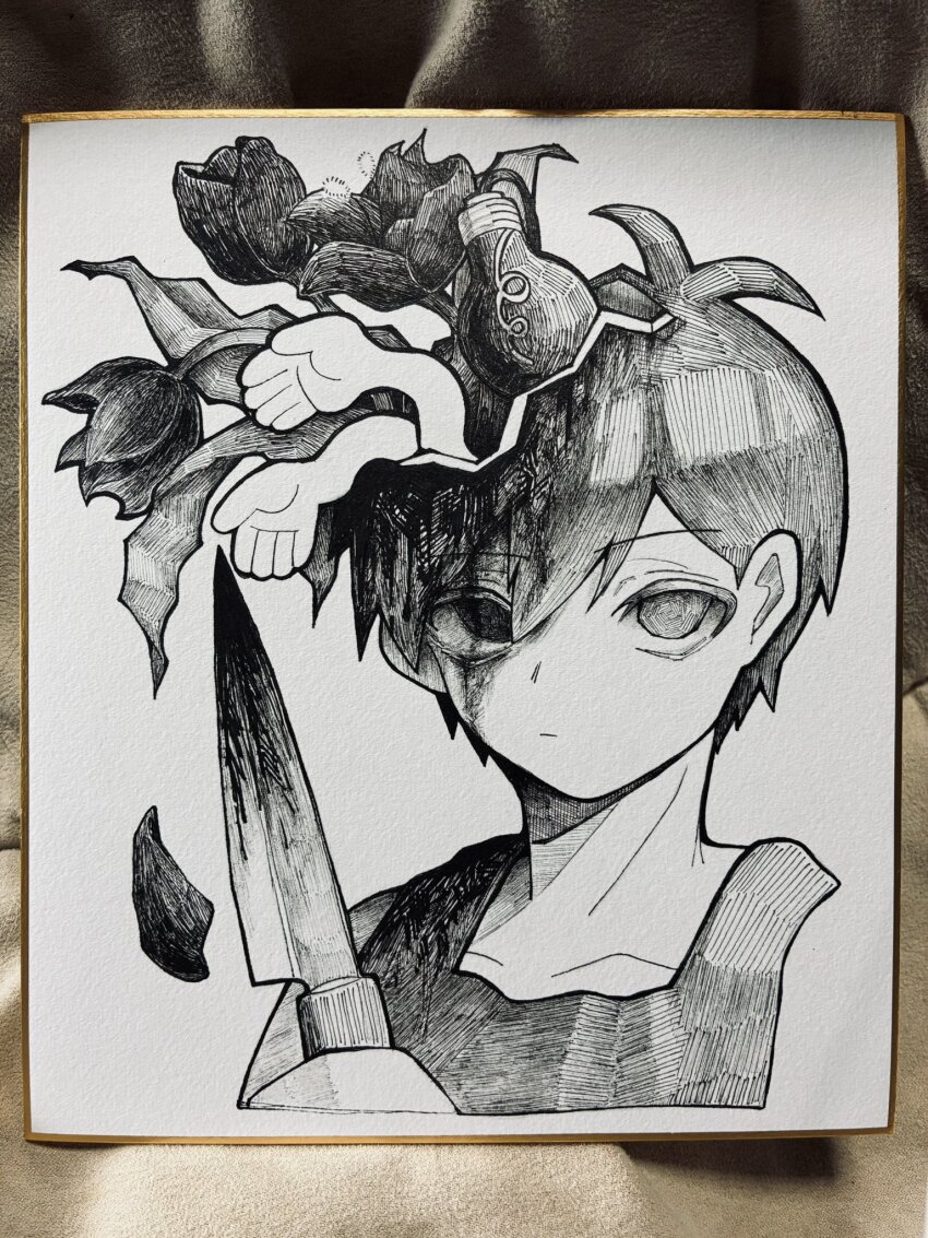 1boy, antenna_hair, closed_mouth, collarbone, commentary_request, double-parted_bangs, greyscale, hair_between_eyes