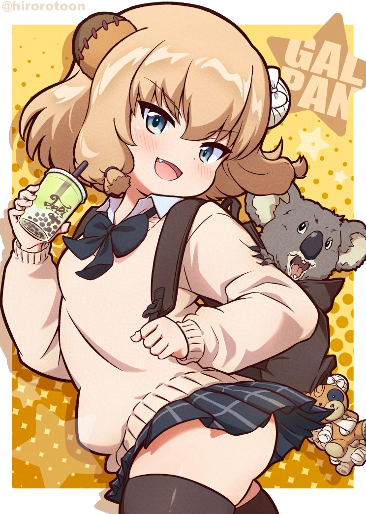 1girl, alternate_costume, animal_ears, ass, backpack, bag, bear_ears, black_bow, black_bowtie, black_skirt, black_thighhighs, blonde_hair, blue_eyes, blush, boko_(girls_und_panzer), bow, bowtie, brown_sweater, bubble_tea, commentary, copyright_name, cup, disposable_cup, dress_shirt, drinking_straw, ehirorotoon, fake_animal_ears, fang, feet_out_of_frame, from_side, girls_und_panzer, gyaru, hair_tie, head_tilt, holding, holding_cup, katyusha_(girls_und_panzer), koala_(girls_und_panzer), long_sleeves, looking_at_viewer, looking_back, no_panties, open_mouth, outside_border, plaid_clothes, plaid_skirt, pleated_skirt, school_uniform, shadow, shirt, short_hair, skirt, solo, star_(symbol), stuffed_animal, stuffed_toy, sweater, teddy_bear, thighhighs, twitter_username, white_shirt, wing_collar, yellow_background