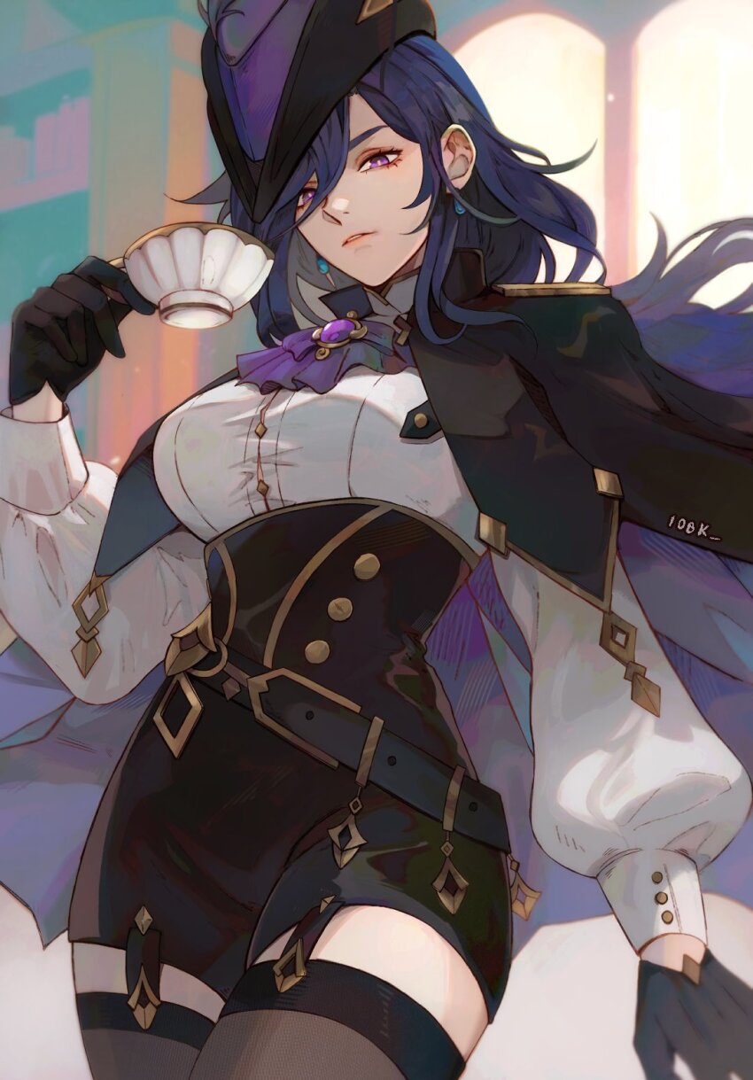 1girl, 1o8k, artist_name, ascot, belt, belt_buckle, black_belt, black_capelet