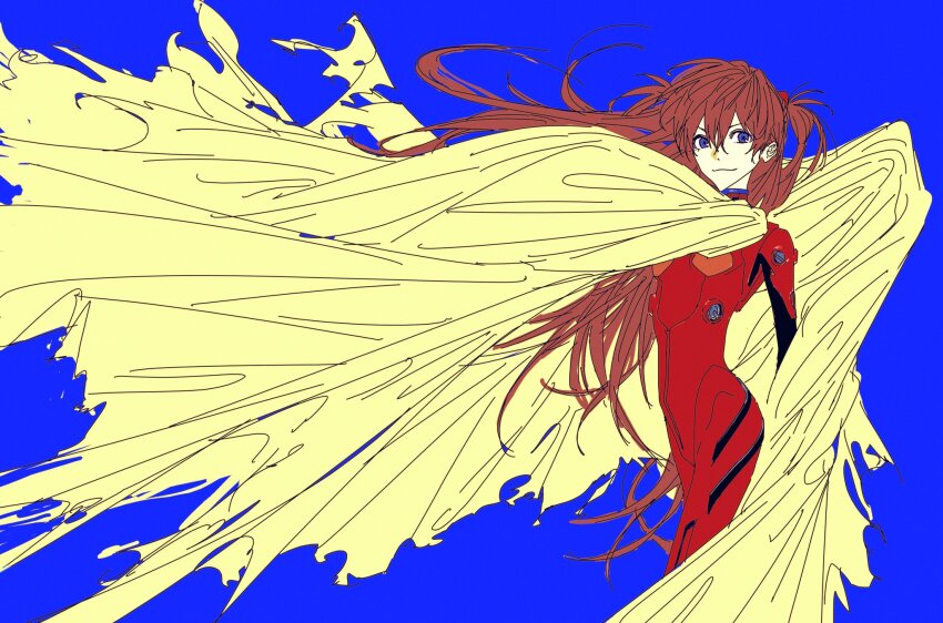 1girl, blue_background, blue_eyes, bodysuit, breasts, brown_hair, closed_mouth, cowboy_shot, hair_between_eyes, half_updo, headgear, highres, interface_headset_(evangelion), long_hair, mdch48, mecha_pilot_suit, medium_breasts, neon_genesis_evangelion, plugsuit_(evangelion), red_bodysuit, smile, solo, souryuu_asuka_langley, torn_cloth, twintails
